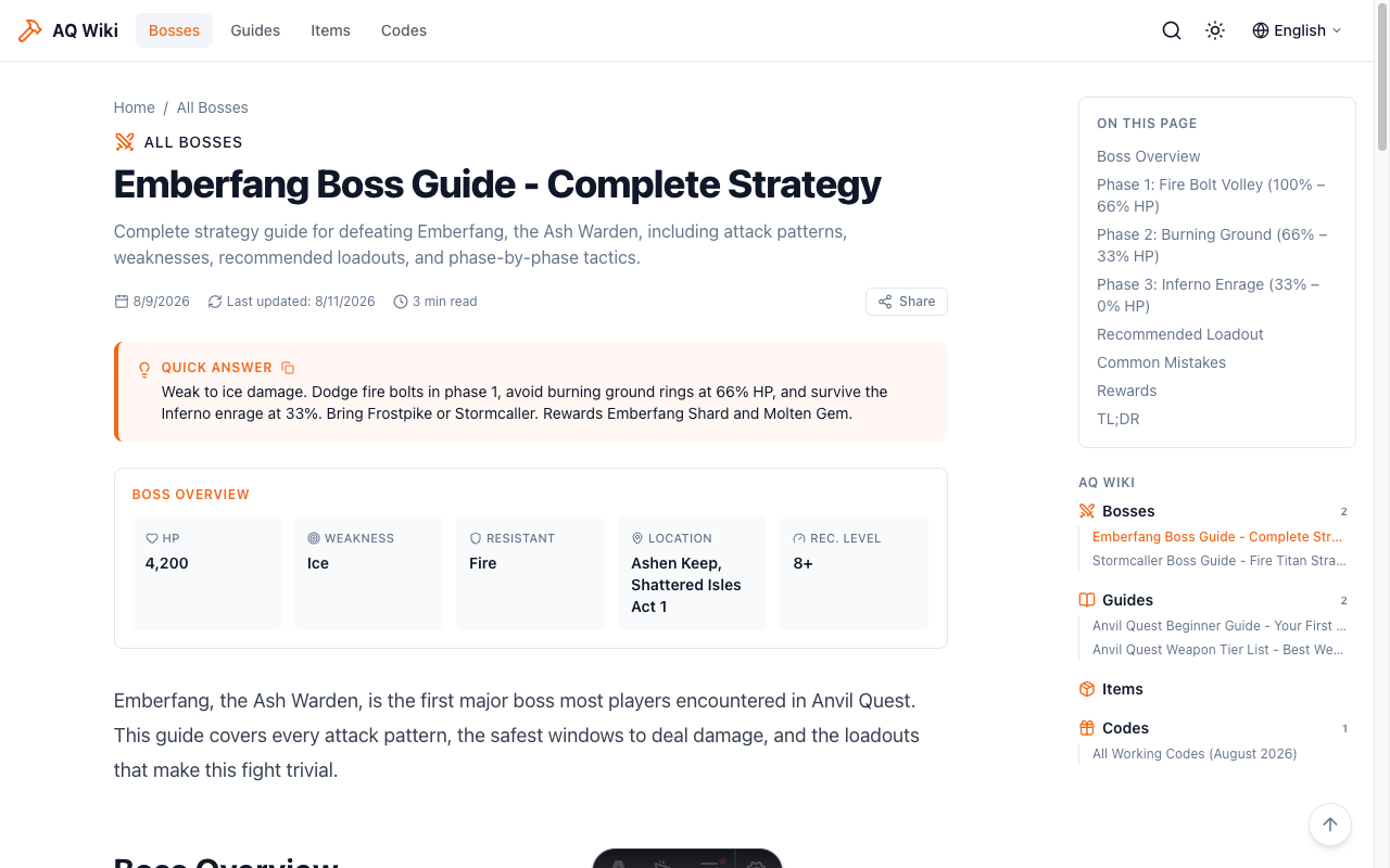 Boss guide article — Quick Answer card and structured Boss Overview data card